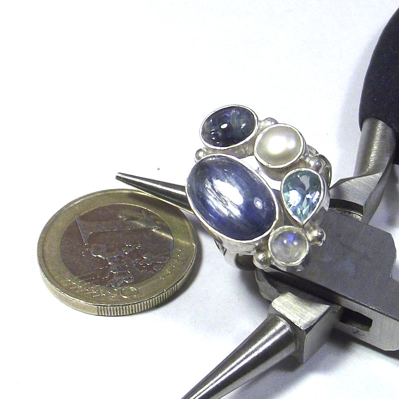 RING 925 silver kyanite, moonstone, topaz and pearl