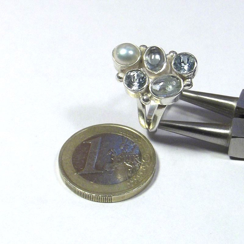 AQUAMARINE, pearl and TOPAZ silver RING - NEVRET