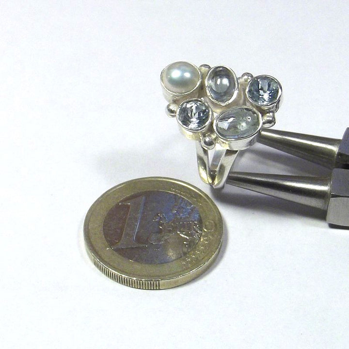 AQUAMARINE, pearl and TOPAZ silver RING - NEVRET