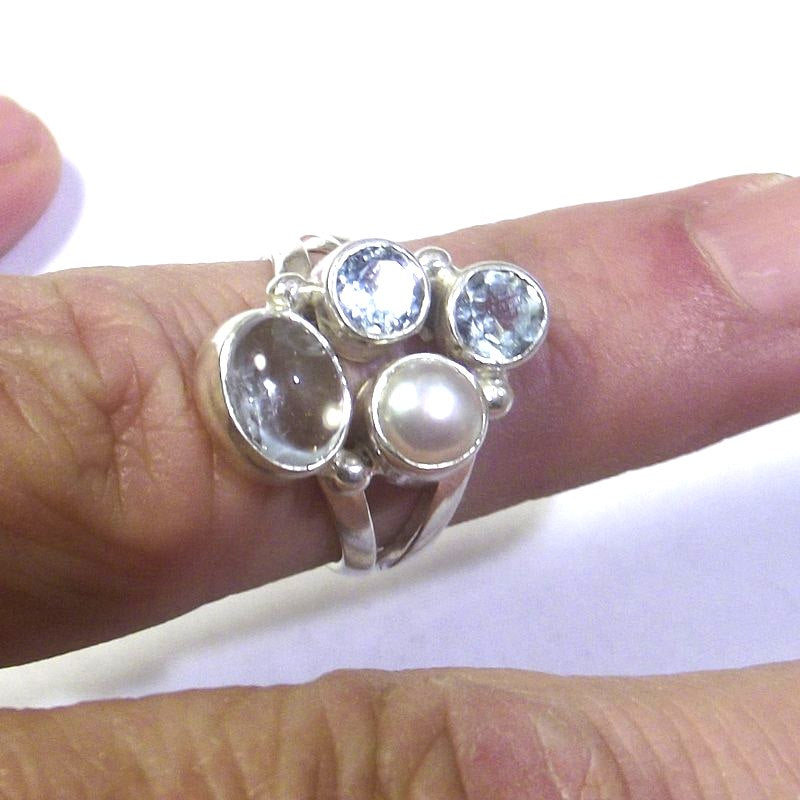 RING 925 silver AQUAMARINE, pearl and TOPAZ - RIMAT