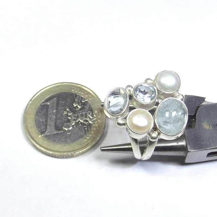 RING 925 silver AQUAMARINE, pearl and TOPAZ - LYRE