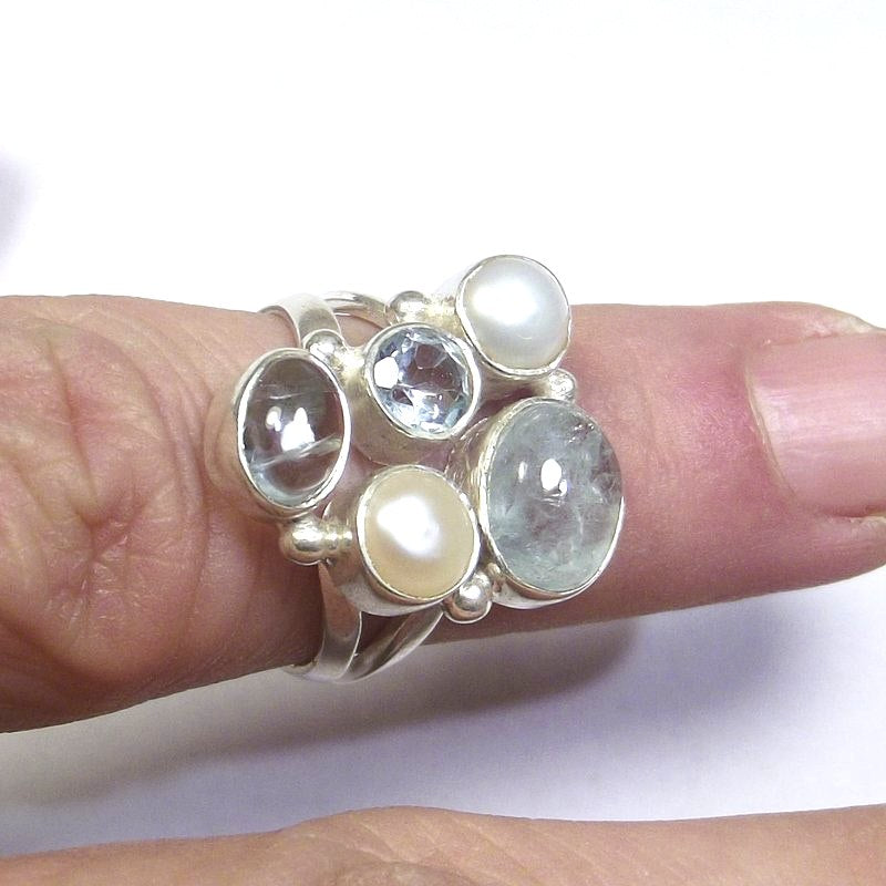 RING 925 silver AQUAMARINE, pearl and TOPAZ - LYRE