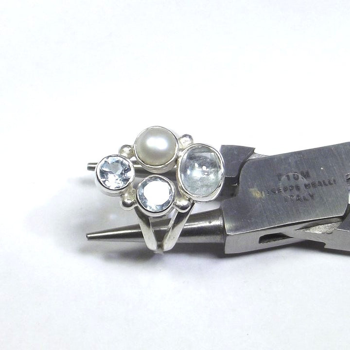 RING 925 silver AQUAMARINE, pearl and blue TOPAZ 14 - 16