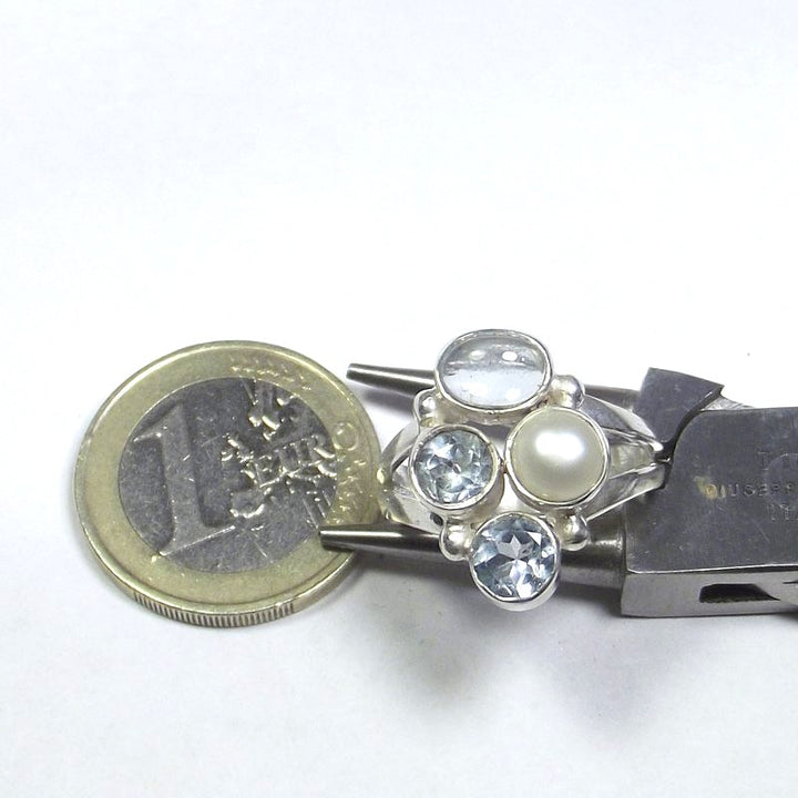 RING 925 silver AQUAMARINE, pearl and blue TOPAZ 15 - 17