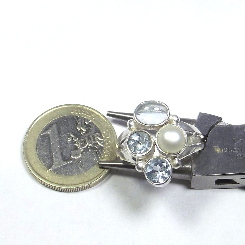 RING 925 silver AQUAMARINE, pearl and blue TOPAZ 15 - 17