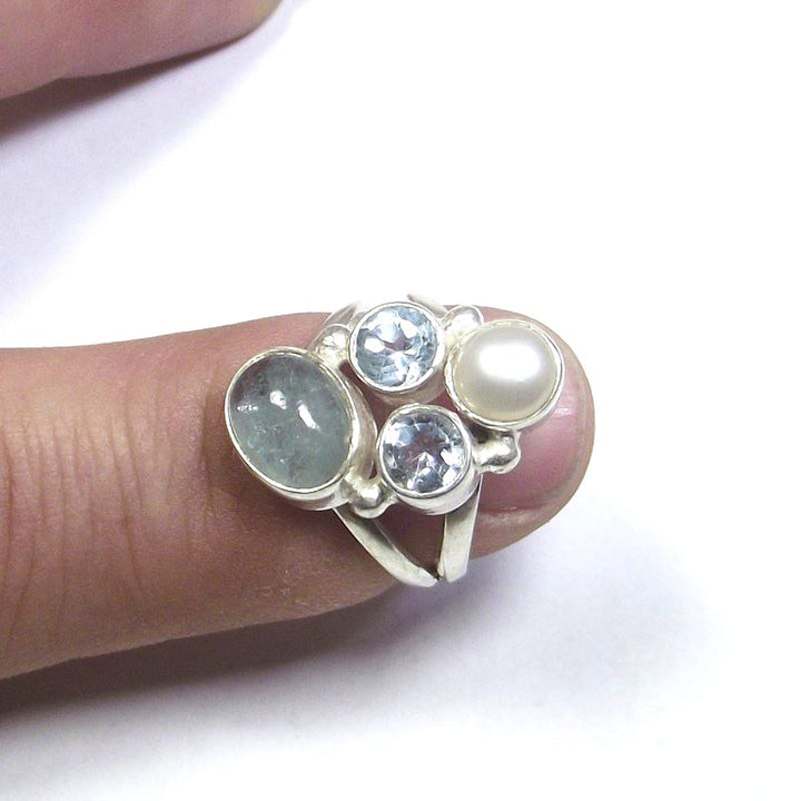 ANELLO argento 925 ACQUAMARINA, perla e TOPAZIO azzurro