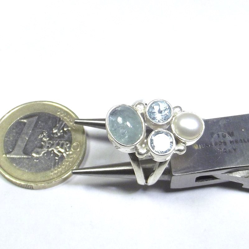 RING 925 silver AQUAMARINE, pearl and blue TOPAZ 13 - 15