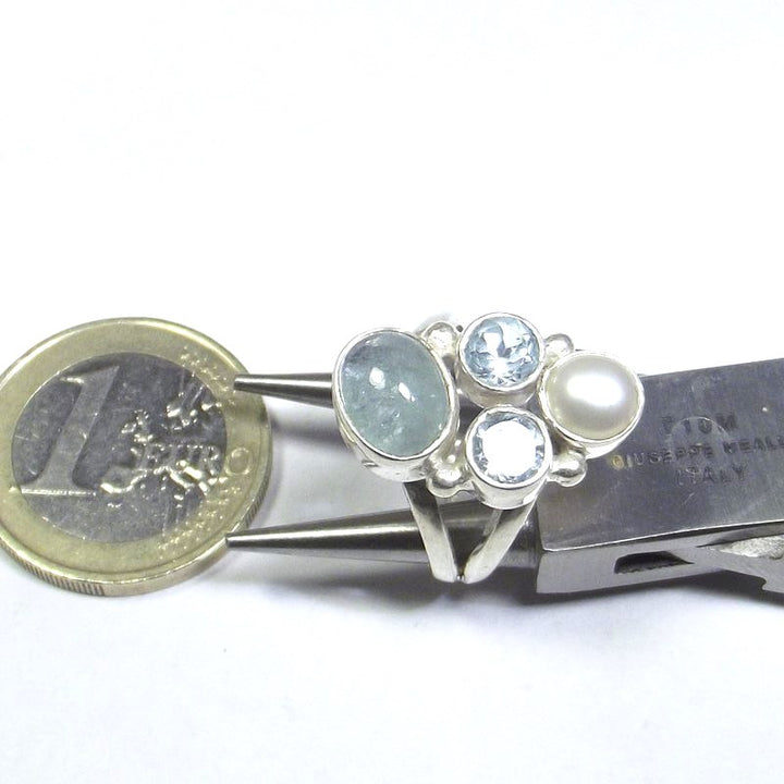 ANELLO argento 925 ACQUAMARINA, perla e TOPAZIO azzurro 13 - 15