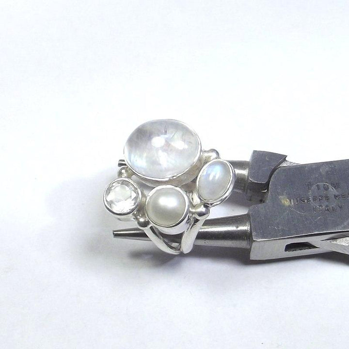 ANELLO Pietra di luna, cristallo di rocca, perla e argento tondo