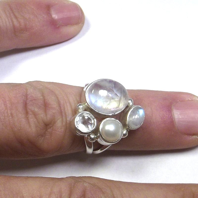 RING Moonstone, rock crystal, pearl and round silver 15 - 18