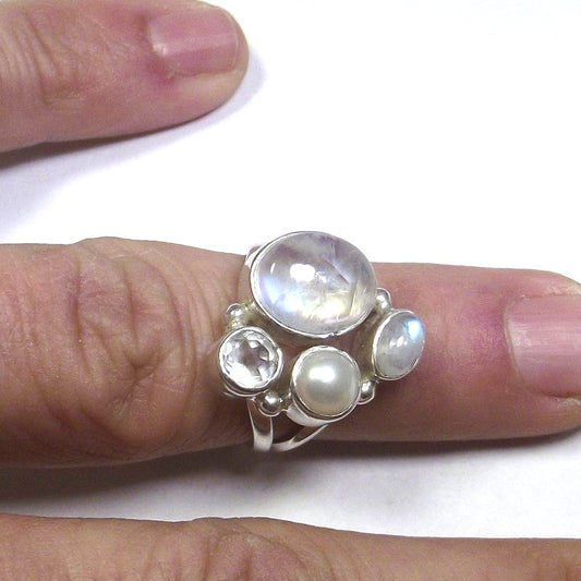 ANELLO Pietra di luna, cristallo di rocca, perla e argento tondo 15 - 18 – immagine2