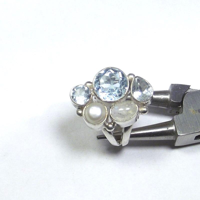 ANELLO argento 925 Pietra di luna, perla e TOPAZIO azzurro