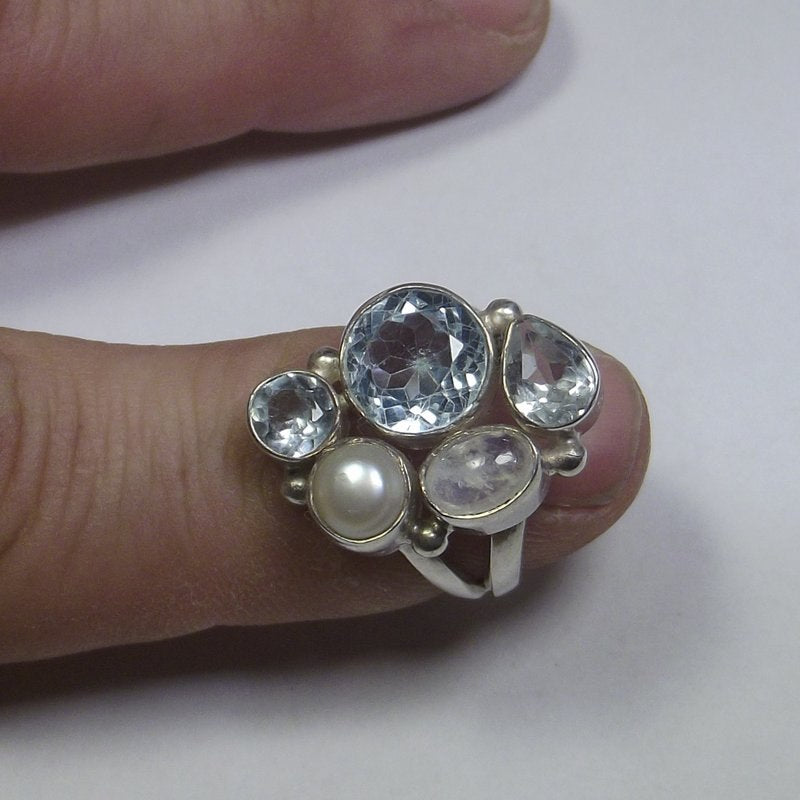 925 silver RING Moonstone, pearl and blue TOPAZ 13 - 15