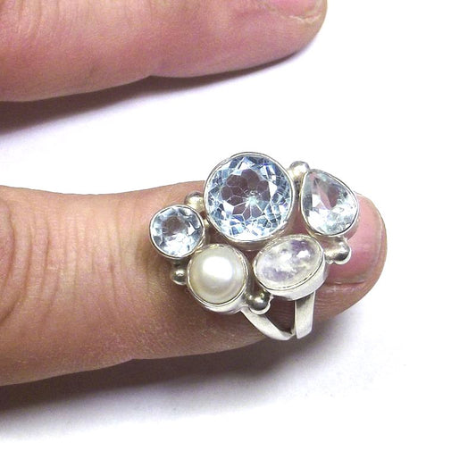 ANELLO argento 925 Pietra di luna, perla e TOPAZIO azzurro 13 - 15 – immagine2