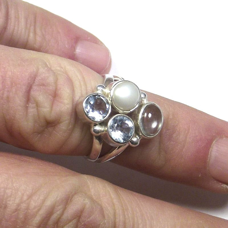 RING 925 silver AQUAMARINE, pearl and blue TOPAZ 13 - 15