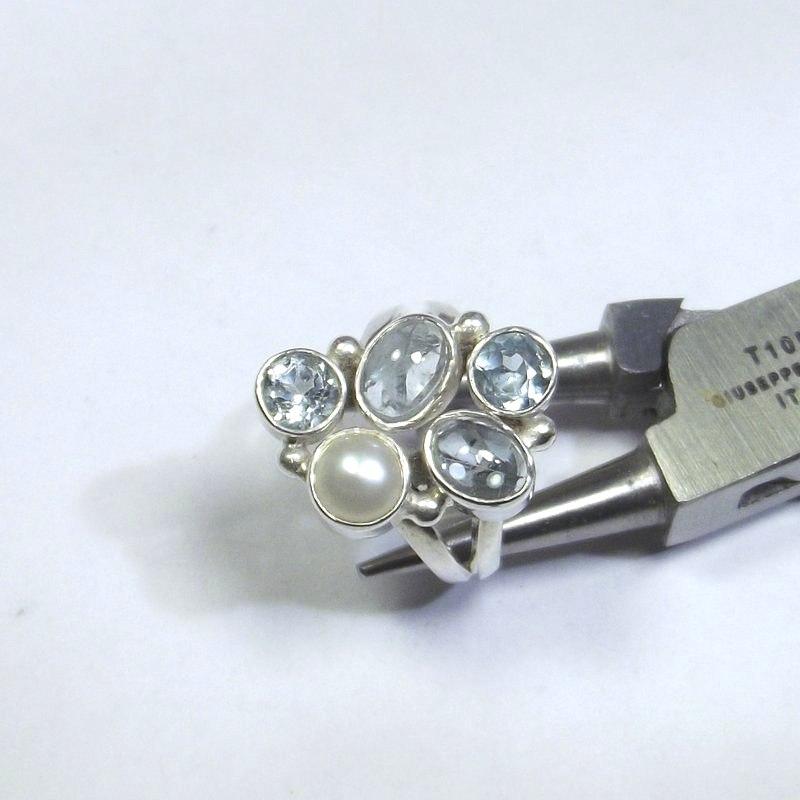 ANELLO argento 925 ACQUAMARINA, perla e TOPAZIO azzurro