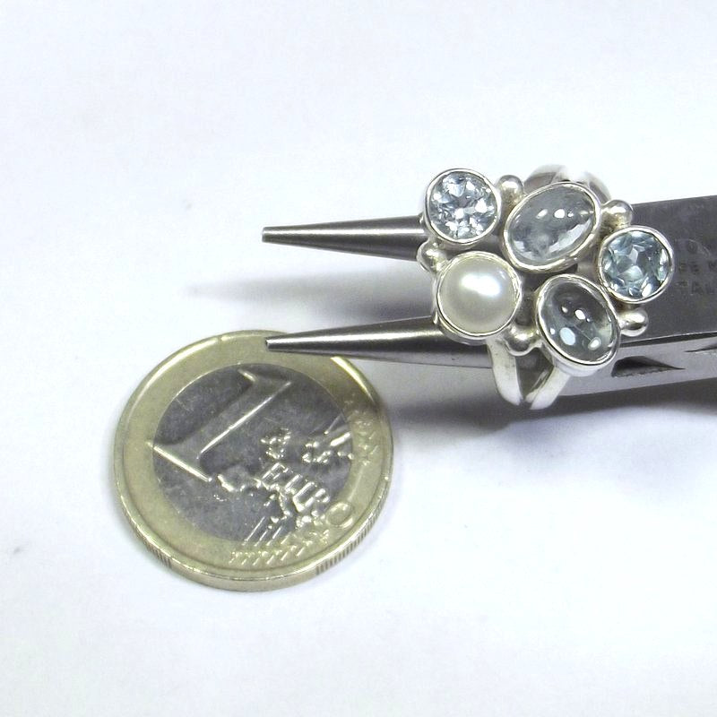 RING 925 silver AQUAMARINE, pearl and blue TOPAZ 15 - 18