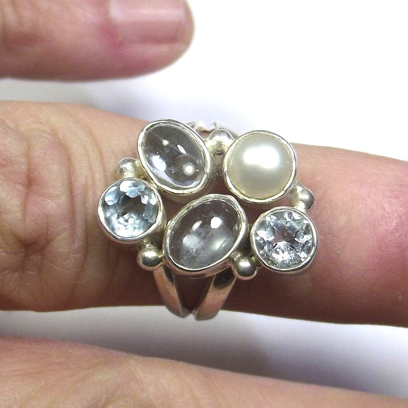 RING 925 silver AQUAMARINE, pearl and blue TOPAZ 15 - 18