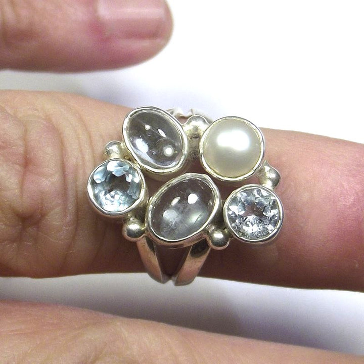 RING 925 silver AQUAMARINE, pearl and blue TOPAZ 15 - 18