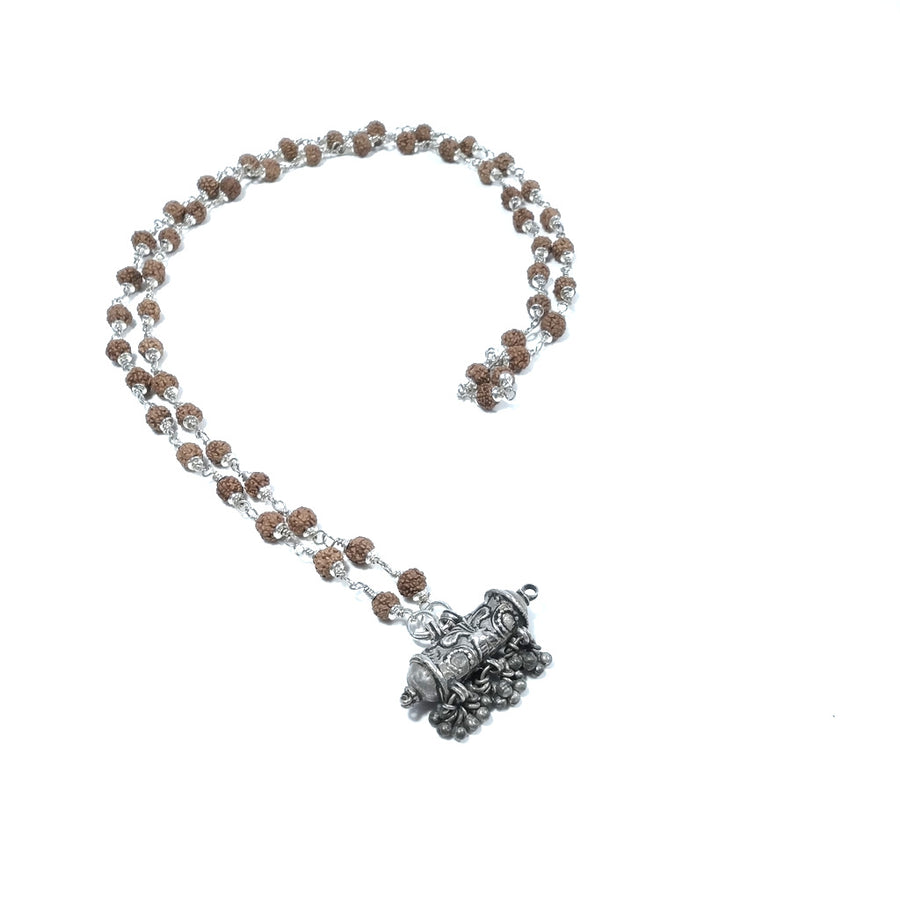 Collana Etnica Japa Mala - 54 Rudraksha 5 mukhi | Portapreghiere antico argento