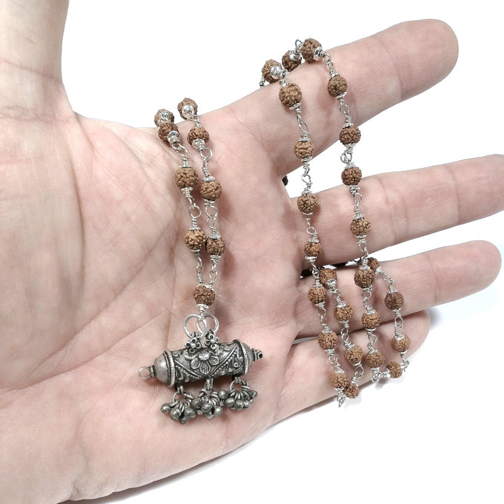 Collana ETNICA Japa Mala - 54 Rudraksha 5 mukhi | Portapreghiere antico argento