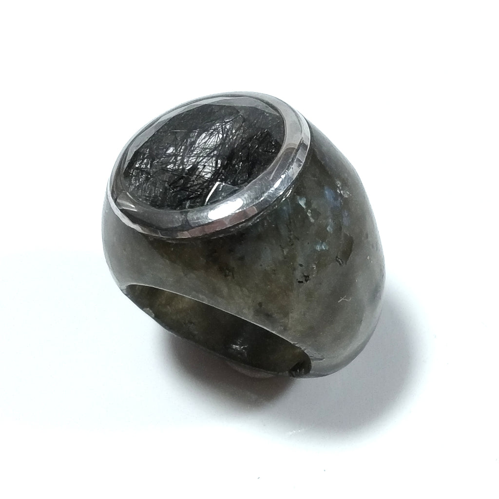 Anello con pietra in argento antico con Labradorite Quarzo rutilato | FIORE