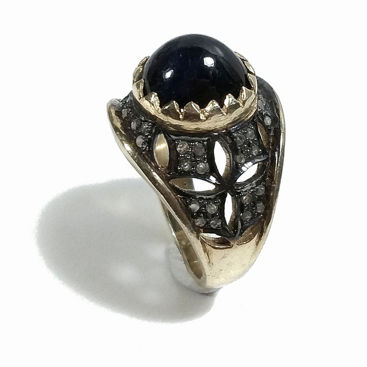 ANELLO ETNICO in argento 925 dorato ANELLO artigianale Diamante e Zaffiro | GIOIELLI ETNICI