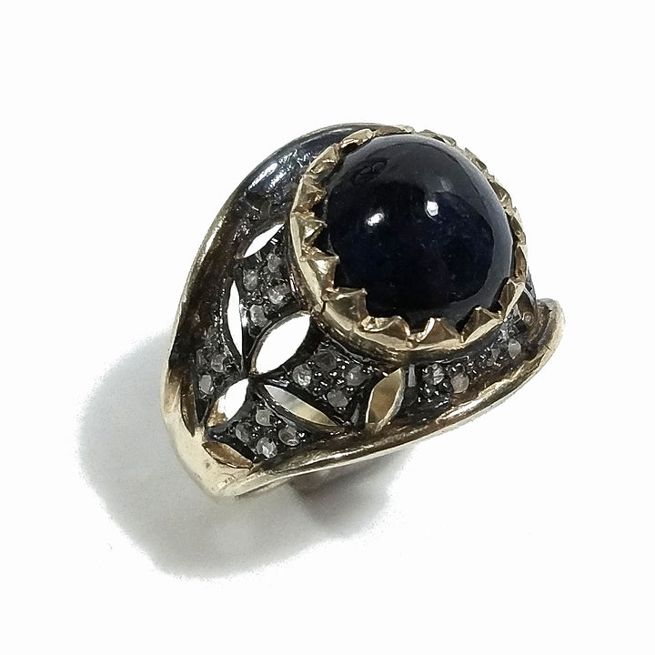 ANELLO ETNICO in argento 925 dorato ANELLO artigianale Diamante e Zaffiro | GIOIELLI ETNICI