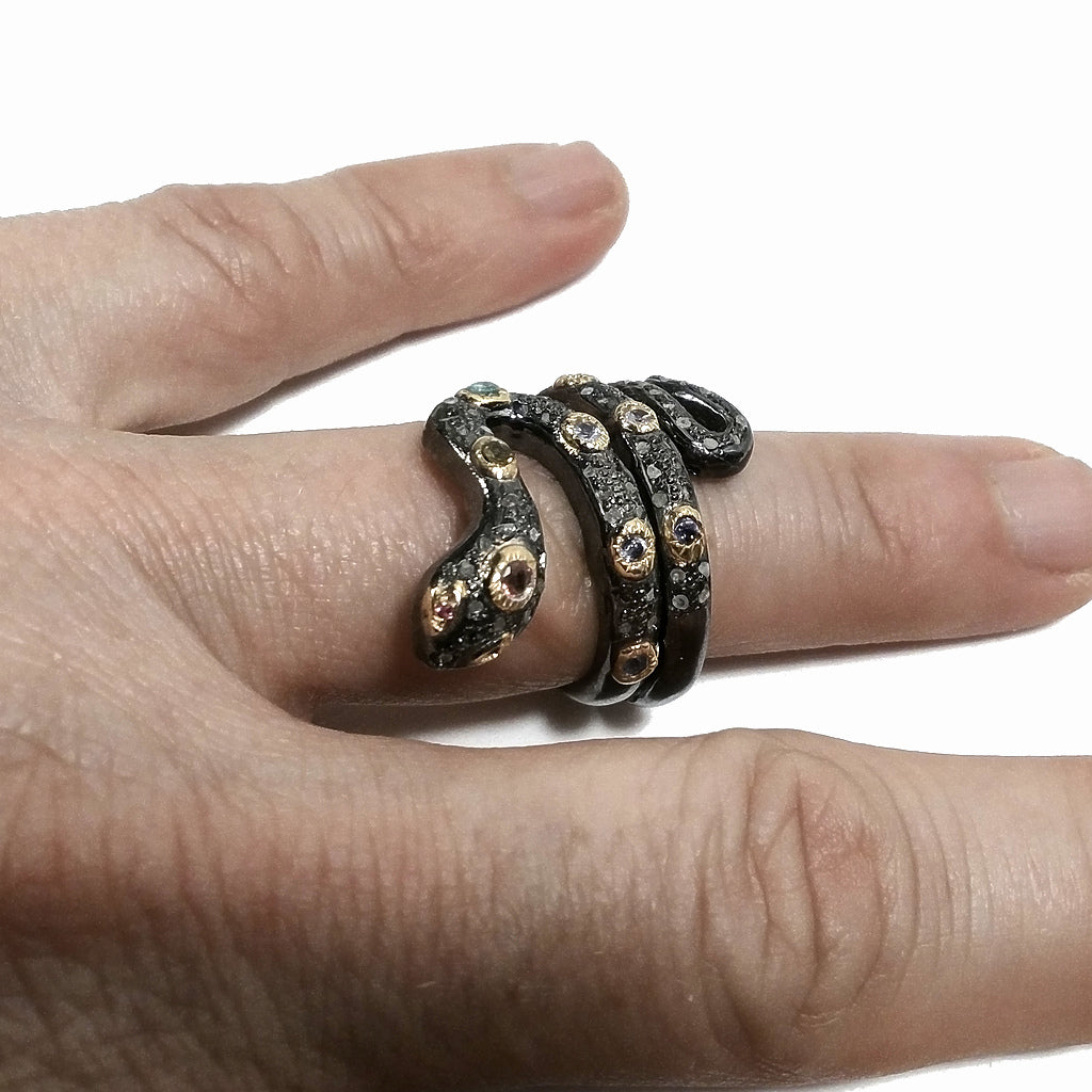 ANELLO SERPENTE in argento 925 nero ANELLO artigianale Diamante e Topazio | GIOIELLI ETNICI