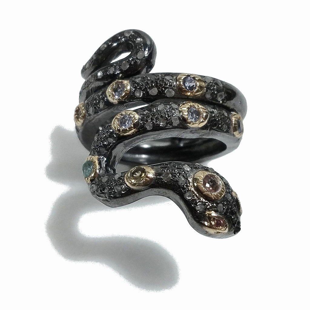 ANELLO SERPENTE in argento 925 nero ANELLO artigianale Diamante e Topazio | GIOIELLI ETNICI