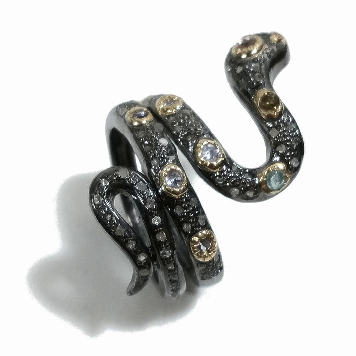 ANELLO SERPENTE in argento 925 nero ANELLO artigianale Diamante e Topazio | GIOIELLI ETNICI