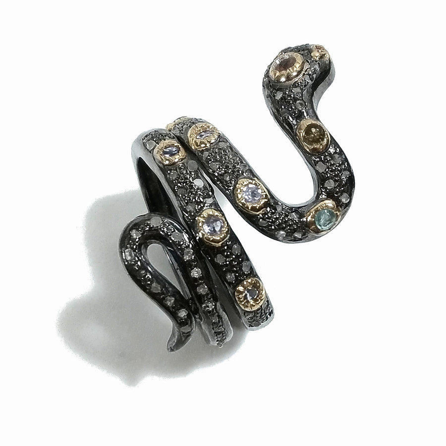 ANELLO SERPENTE in argento 925 nero ANELLO artigianale Diamante e Topazio | GIOIELLI ETNICI