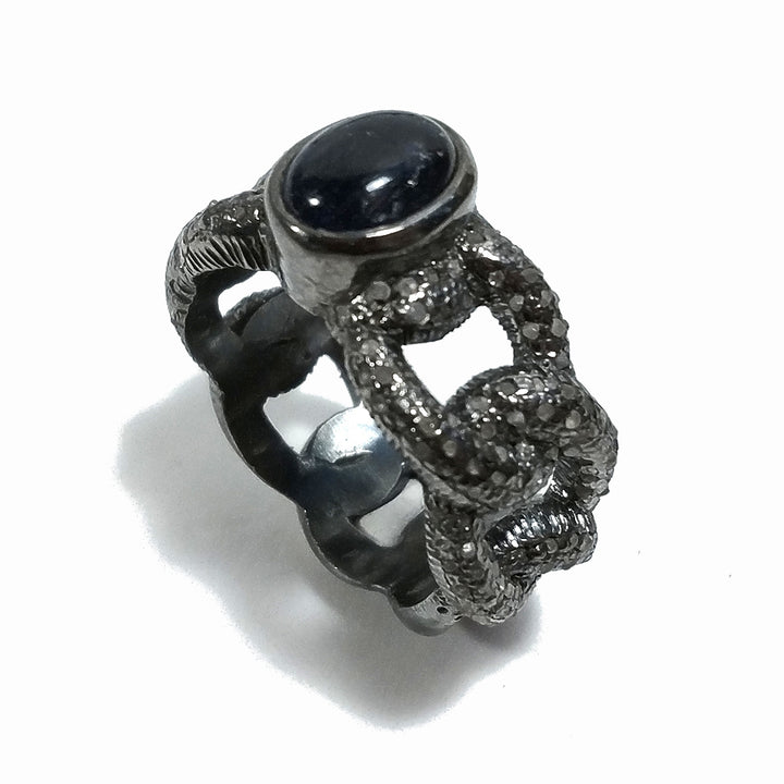 ANELLO ETNICO in argento 925 dorato ANELLO artigianale Diamante e Zaffiro | GIOIELLI ETNICI