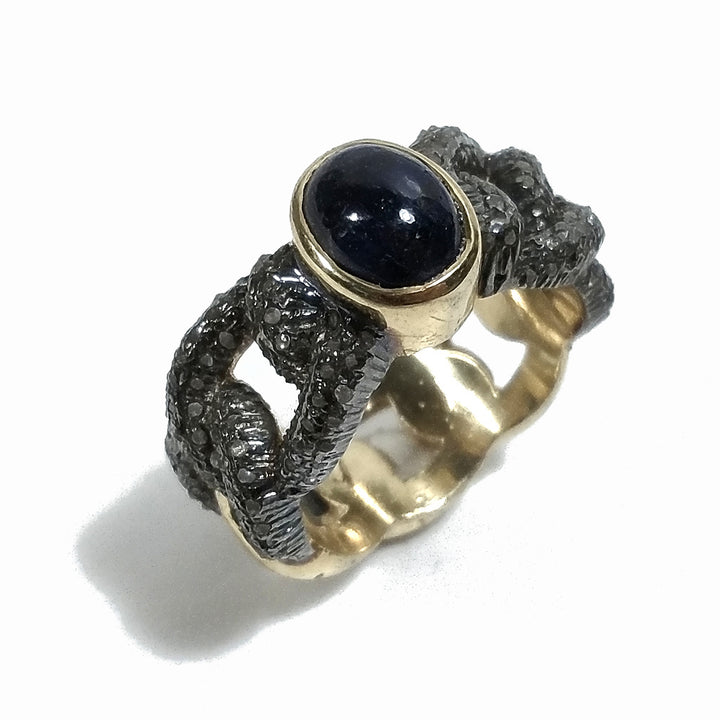 ANELLO ETNICO in argento 925 dorato ANELLO artigianale Diamante e Zaffiro | GIOIELLI ETNICI