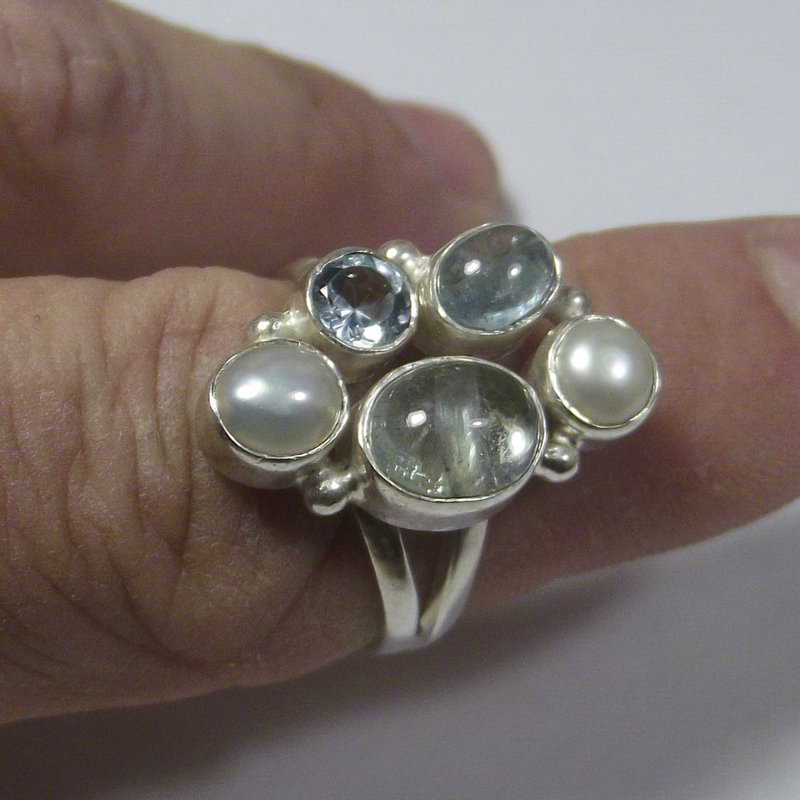 AQUAMARINE, pearl and TOPAZ silver RING - FARA