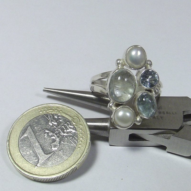 AQUAMARINE, pearl and TOPAZ silver RING - FARA