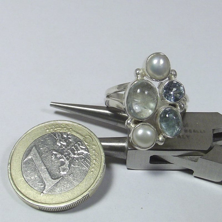 AQUAMARINE, pearl and TOPAZ silver RING - FARA