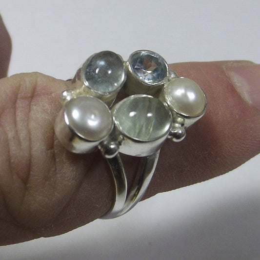 ANELLO argento 925 ACQUAMARINA, perla e TOPAZIO - ZORAT – immagine2