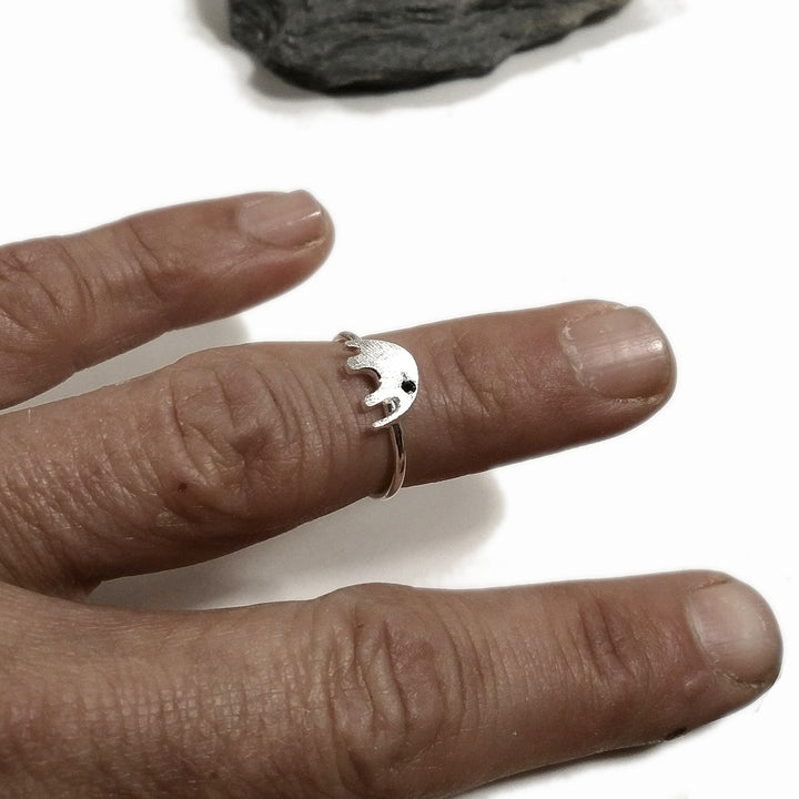 Silver stackable ring with stone and stylized ELEPHANT