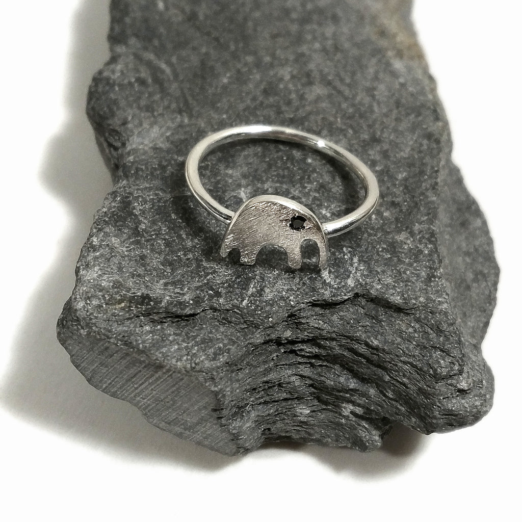 Silver stackable ring with stone and stylized ELEPHANT