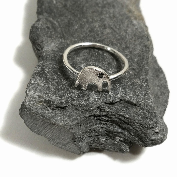 Silver stackable ring with stone and stylized ELEPHANT