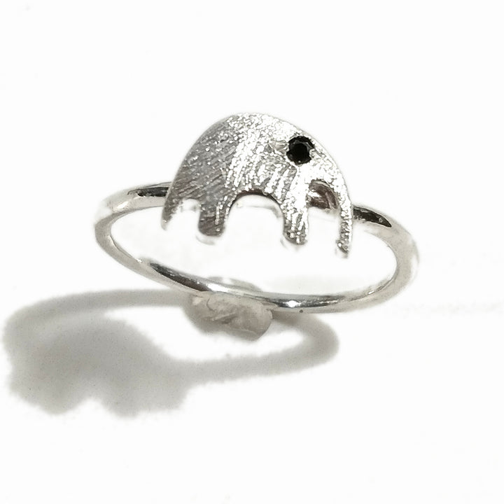 Silver stackable ring with stone and stylized ELEPHANT