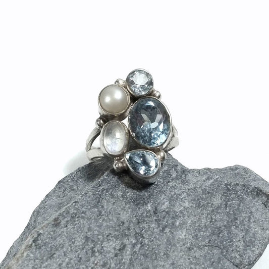 Copia del Anello con pietra in argento 925 con Labradorite , Topazio azzurro, Perla | GIOIELLI IN ARGENTO