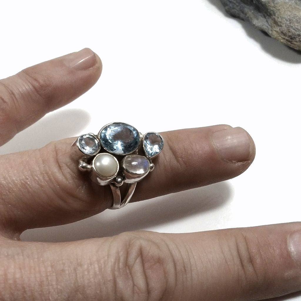 Copia del Anello con pietra in argento 925 con Labradorite , Topazio azzurro, Perla | GIOIELLI IN ARGENTO