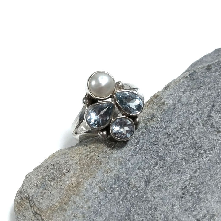 Anello con pietra in argento 925 con Topazio azzurro, Perla | GIOIELLI IN ARGENTO