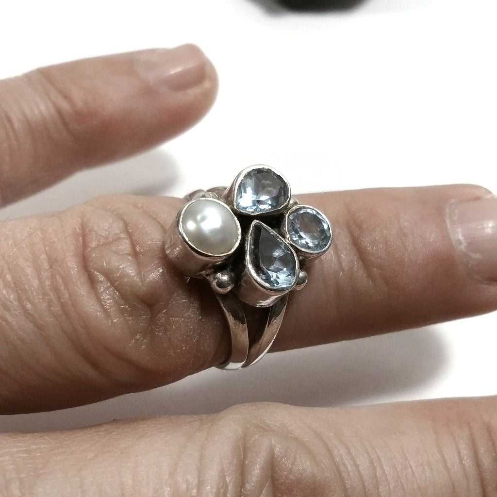 Anello con pietra in argento 925 con Topazio azzurro, Perla | GIOIELLI IN ARGENTO