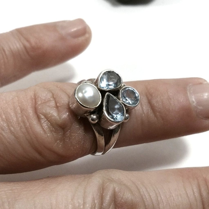 Anello con pietra in argento 925 con Topazio azzurro, Perla | GIOIELLI IN ARGENTO