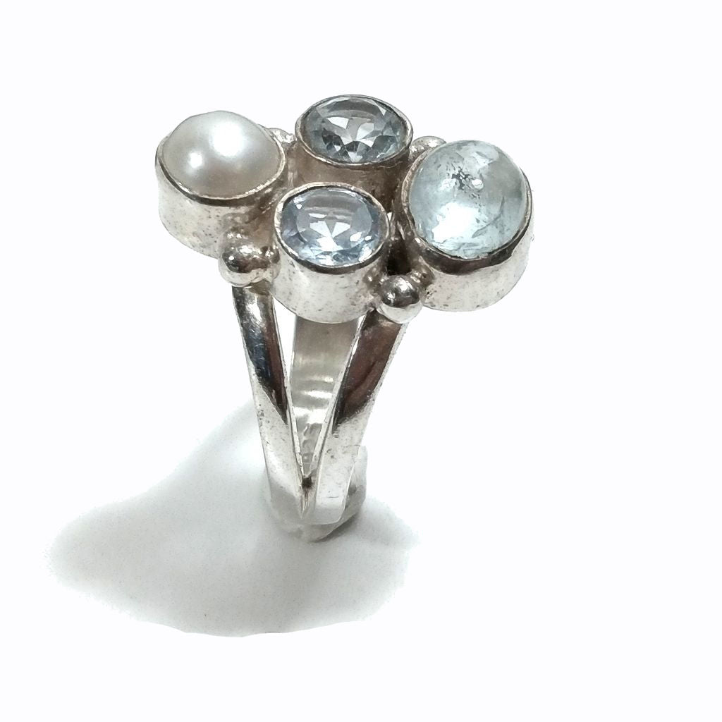 Anello con pietra in argento 925 con Acquamarina , Topazio azzurro, Perla | GIOIELLI IN ARGENTO