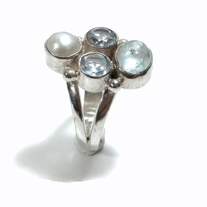Anello con pietra in argento 925 con Acquamarina , Topazio azzurro, Perla | GIOIELLI IN ARGENTO