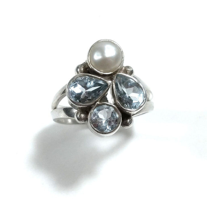 Anello con pietra in argento 925 con Topazio azzurro, Perla | GIOIELLI IN ARGENTO